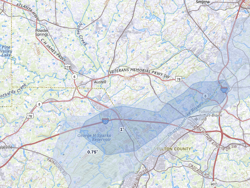 NEXRAD radar-signature map of the hail storm over Austell, GA on Jul 3, 2026