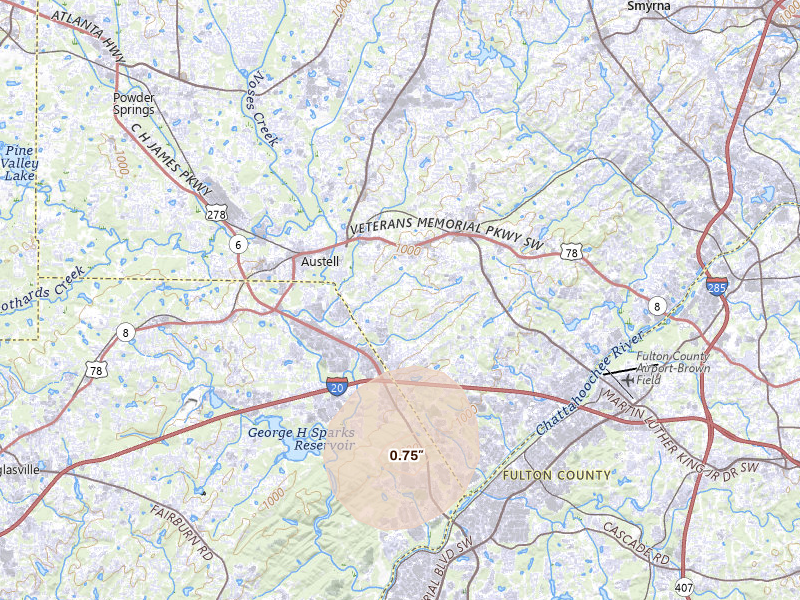 Radar-estimated hail-size map of the storm over Austell, GA on Jul 5, 2026