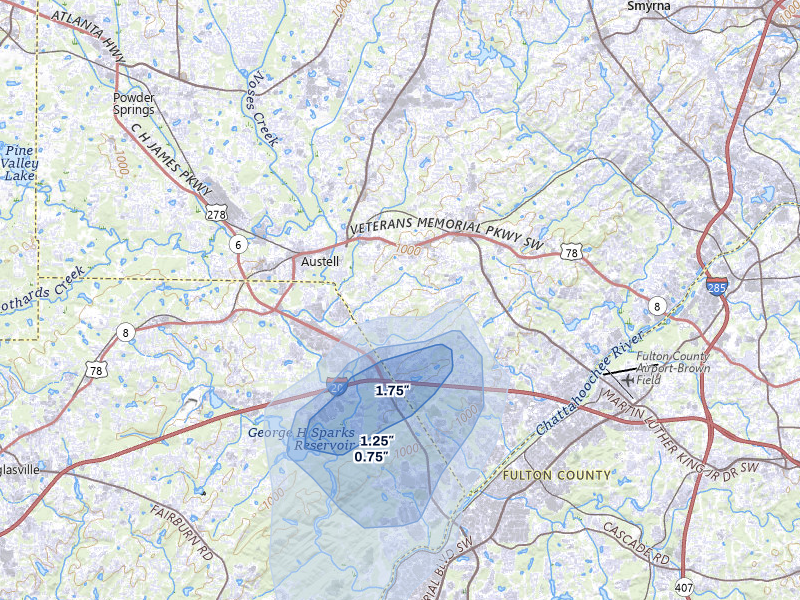 NEXRAD radar-signature map of the hail storm over Austell, GA on Jul 5, 2026