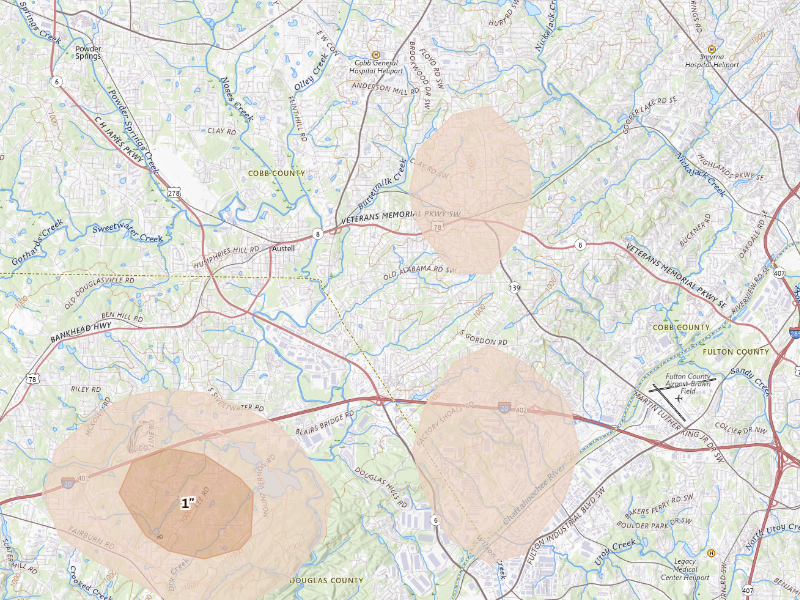 Radar-estimated hail-size map of the storm over Austell, GA