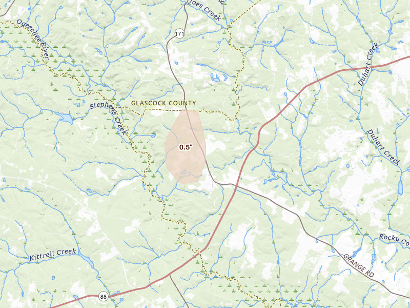 Radar-estimated hail-size map of the storm over Avera, GA on Aug 6, 2026