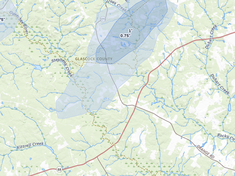 NEXRAD radar-signature map of the hail storm over Avera, GA on Aug 6, 2026