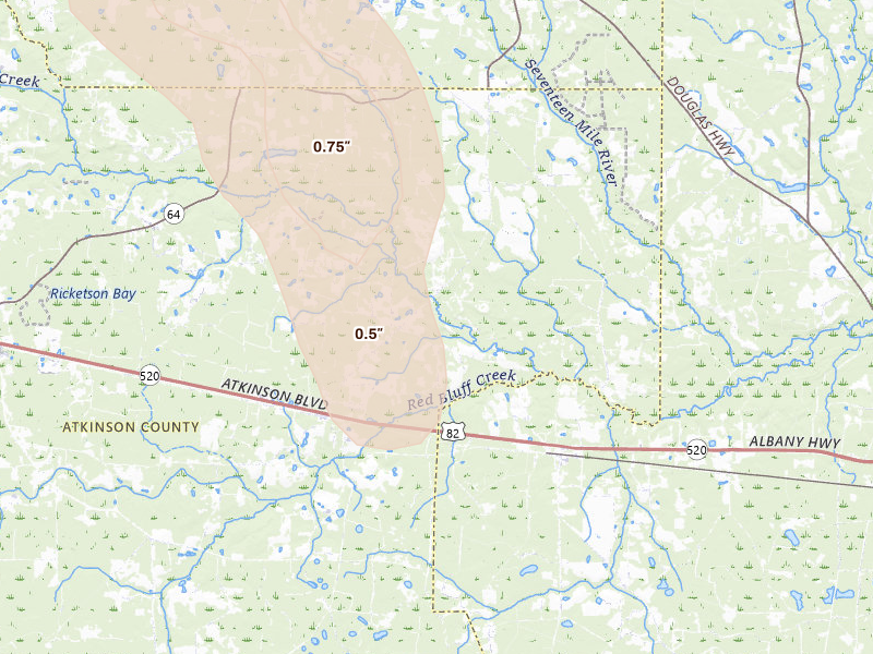 Radar-estimated hail-size map of the storm over Axson, GA on Jul 17, 2026