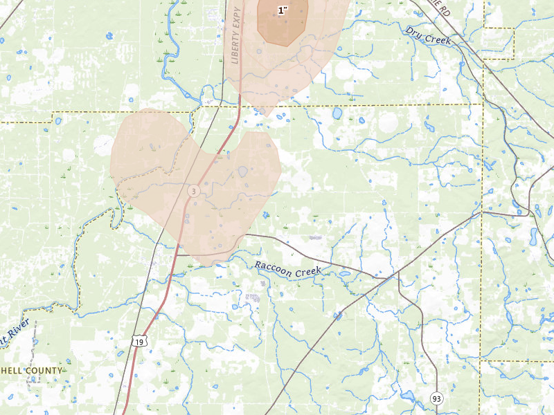 Radar-estimated hail-size map of the storm over Baconton, GA on May 22, 2026