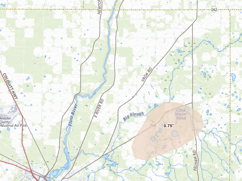 Radar-estimated hail-size map of the storm over Bainbridge, GA on Jun 14, 2026