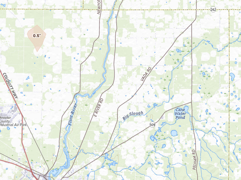 Radar-estimated hail-size map of the storm over Bainbridge, GA on Jul 29, 2026
