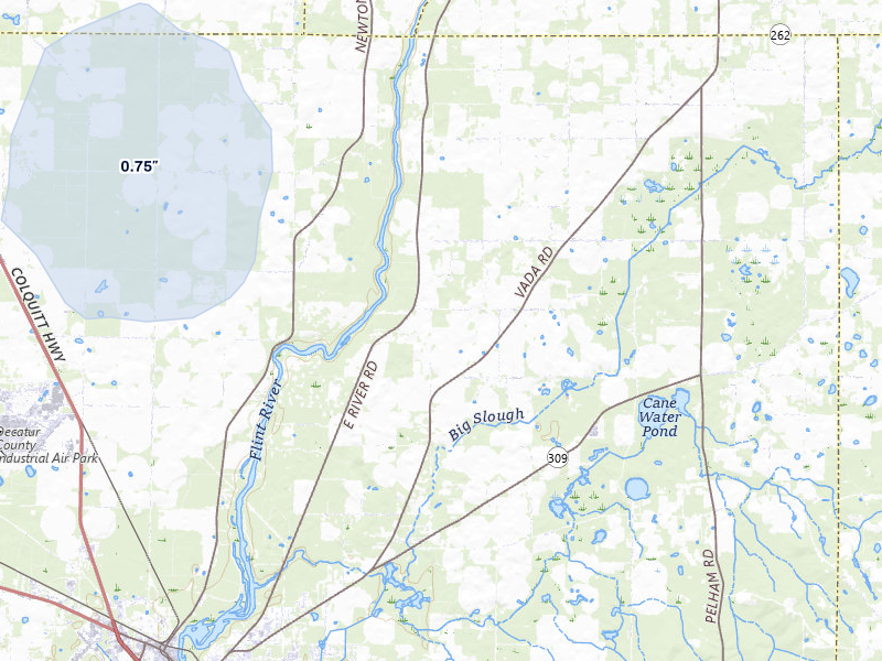 NEXRAD radar-signature map of the hail storm over Bainbridge, GA on Jul 29, 2026