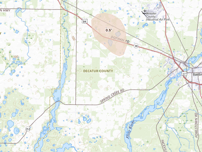Radar-estimated hail-size map of the storm over Bainbridge, GA on Aug 12, 2026