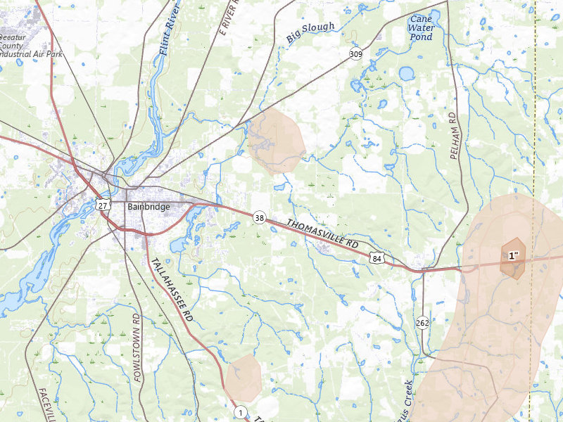 Radar-estimated hail-size map of the storm over Bainbridge, GA on Aug 19, 2026