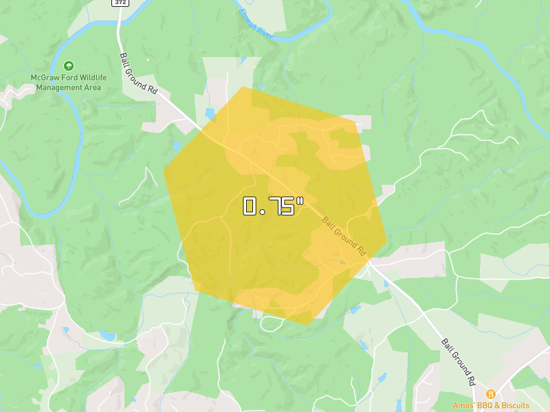 Hail map of Ball Ground, GA on Jul 11, 2026, hail up to 0.75"