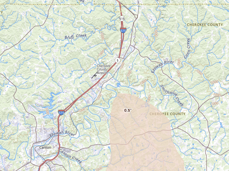 Radar-estimated hail-size map of the storm over Ball Ground, GA on Jul 28, 2026