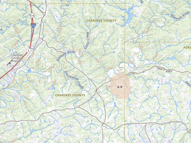 Radar-estimated hail-size map of the storm over Ball Ground, GA
