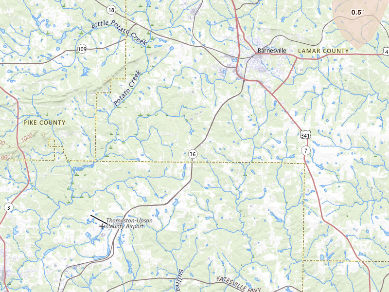 Radar-estimated hail-size map of the storm over Barnesville, GA on May 23, 2026