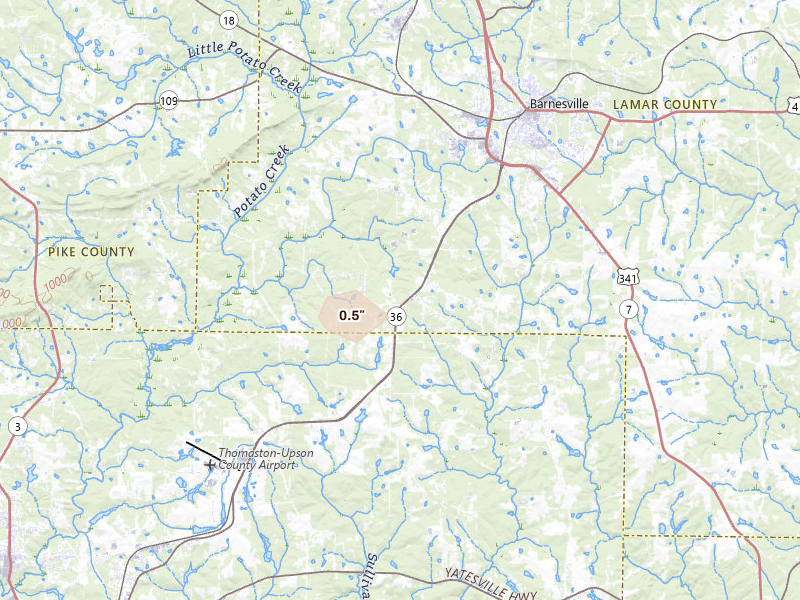 Radar-estimated hail-size map of the storm over Barnesville, GA on Jun 14, 2026