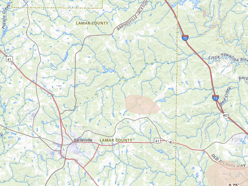 Radar-estimated hail-size map of the storm over Barnesville, GA on Aug 21, 2026