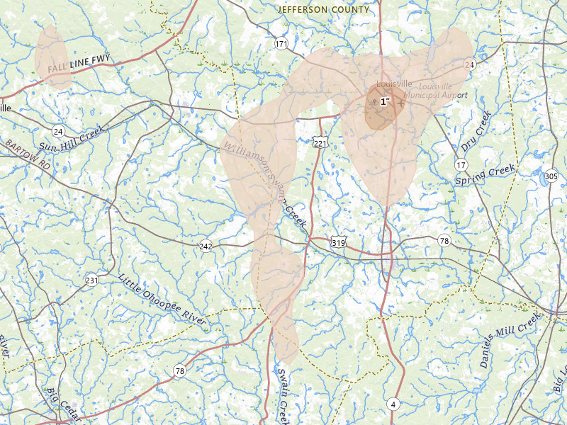 Radar-estimated hail-size map of the storm over Bartow, GA on Jun 29, 2026