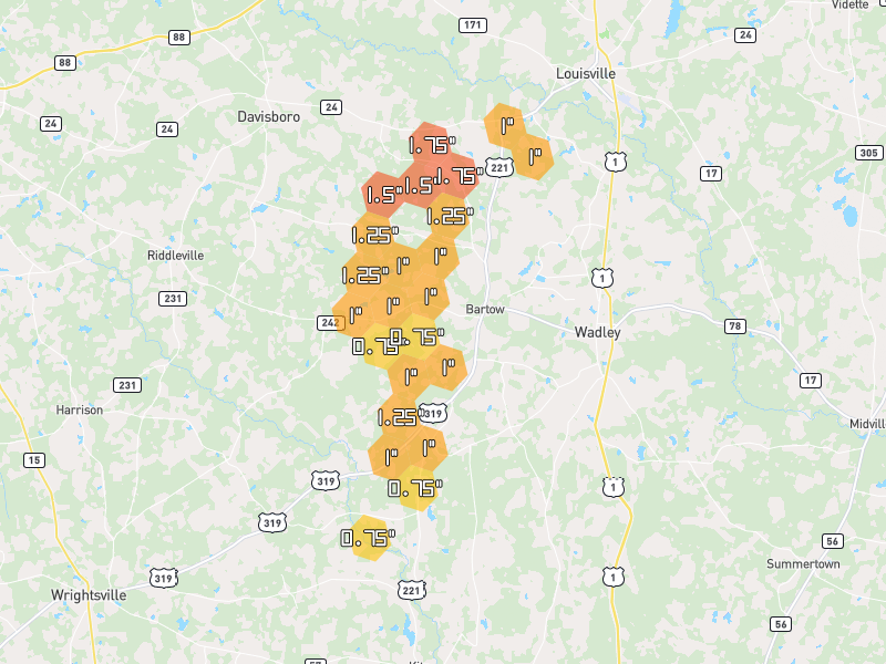 Hail map of Bartow, GA on Jun 29, 2026, hail up to 1.75"