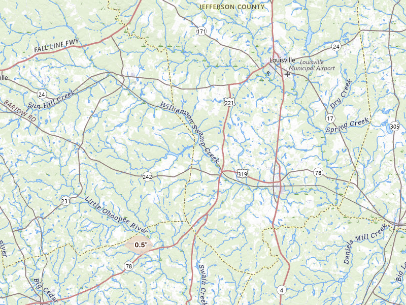 Radar-estimated hail-size map of the storm over Bartow, GA on Jul 5, 2026