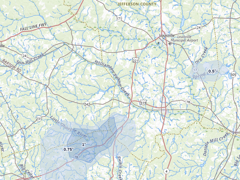 NEXRAD radar-signature map of the hail storm over Bartow, GA on Jul 5, 2026
