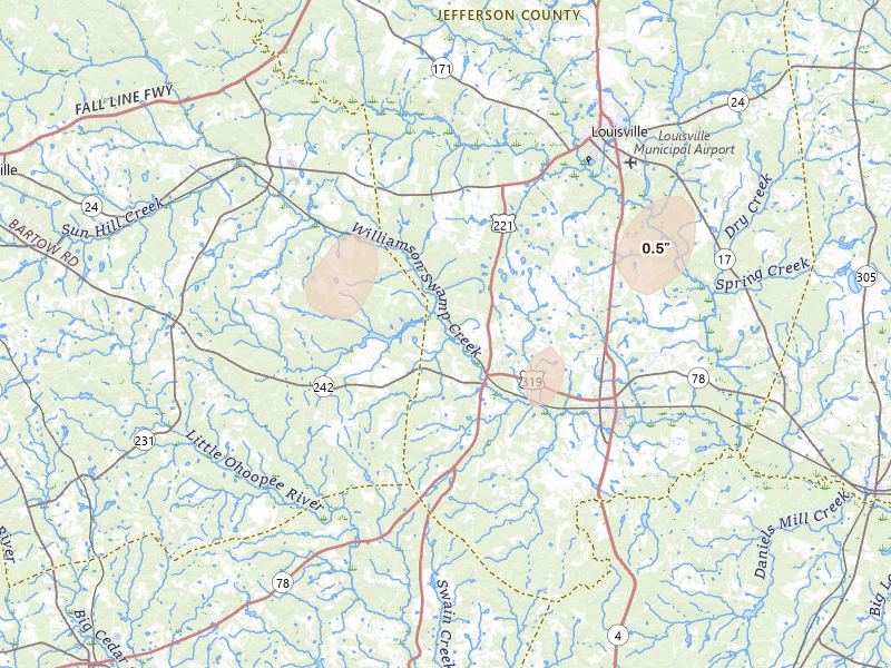 Radar-estimated hail-size map of the storm over Bartow, GA on Jul 9, 2026