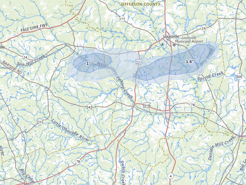 NEXRAD radar-signature map of the hail storm over Bartow, GA on Jul 9, 2026