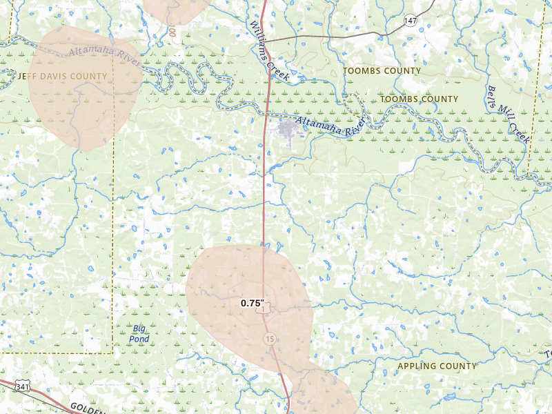 Radar-estimated hail-size map of the storm over Baxley, GA
