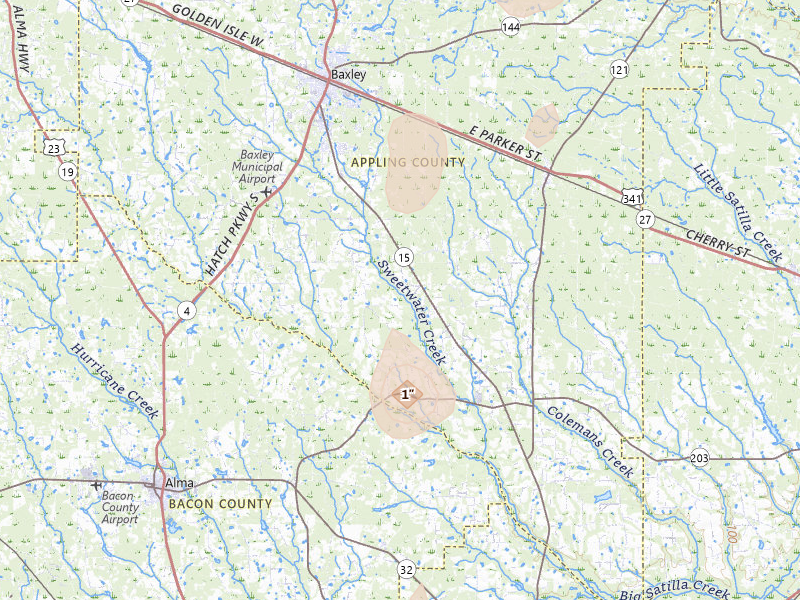 Radar-estimated hail-size map of the storm over Baxley, GA on Aug 13, 2026