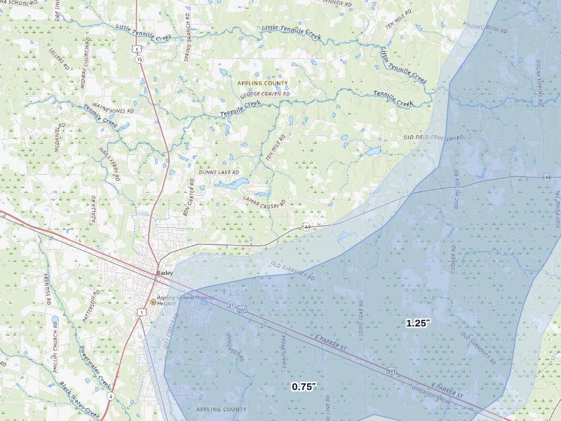 NEXRAD radar-signature map of the hail storm over Baxley, GA on Aug 13, 2026