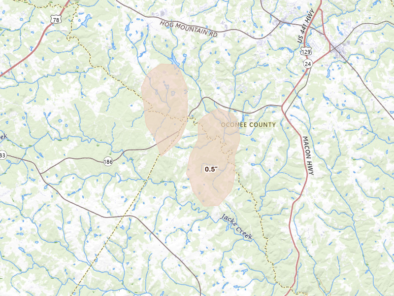 Radar-estimated hail-size map of the storm over Bishop, GA on Aug 5, 2026