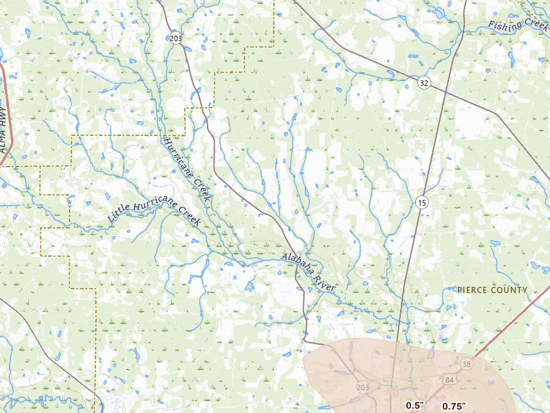 Radar-estimated hail-size map of the storm over Blackshear, GA on May 17, 2026