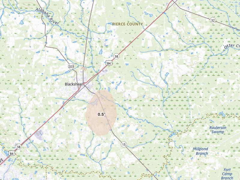 Radar-estimated hail-size map of the storm over Blackshear, GA on May 22, 2026