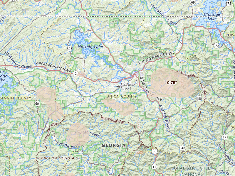 Radar-estimated hail-size map of the storm over Blairsville, GA on Jul 1, 2026
