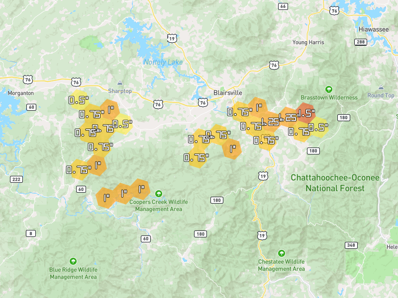 Hail map of Blairsville, GA on Jul 1, 2026, hail up to 1.5"