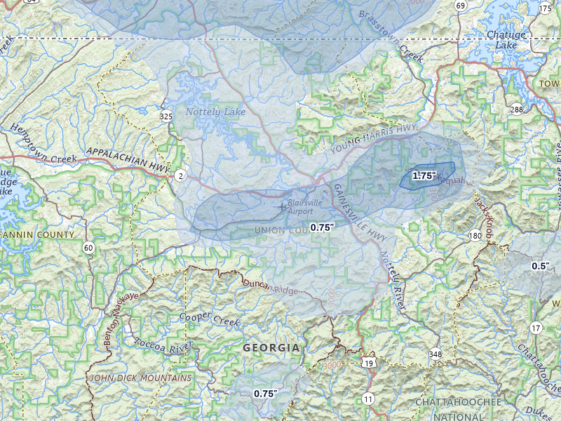 NEXRAD radar-signature map of the hail over Blairsville, GA