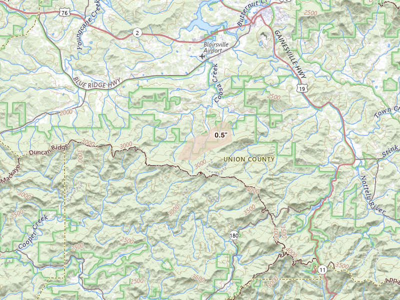 Radar-estimated hail-size map of the storm over Blairsville, GA on Aug 20, 2026