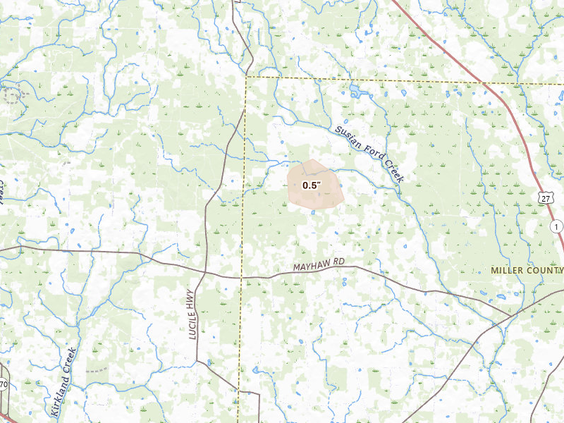 Radar-estimated hail-size map of the storm over Blakely, GA on Jun 14, 2026