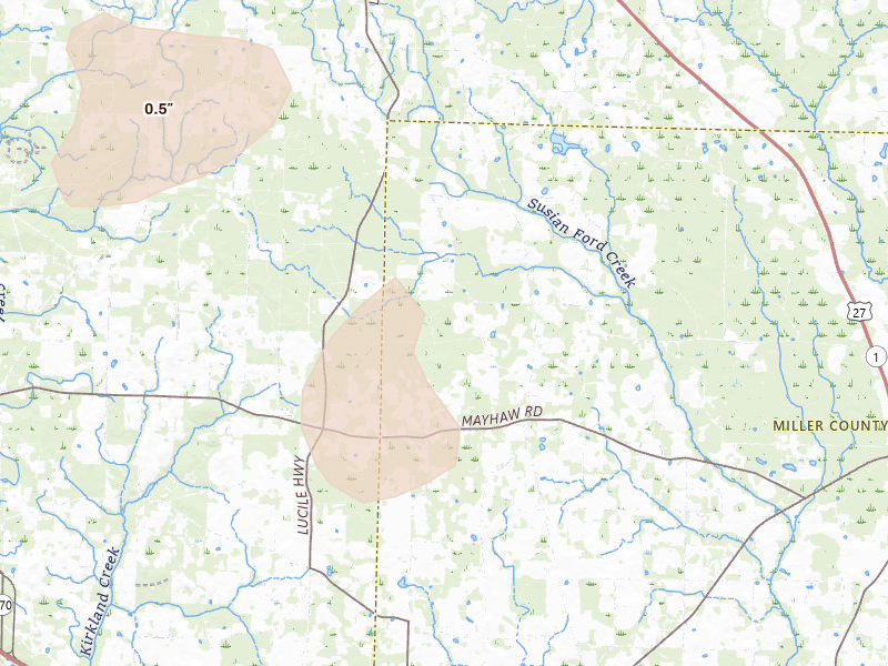 Radar-estimated hail-size map of the storm over Blakely, GA on Jul 7, 2026