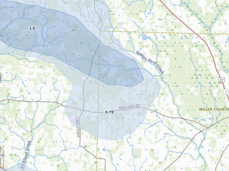 NEXRAD radar-signature map of the hail storm over Blakely, GA on Jul 7, 2026
