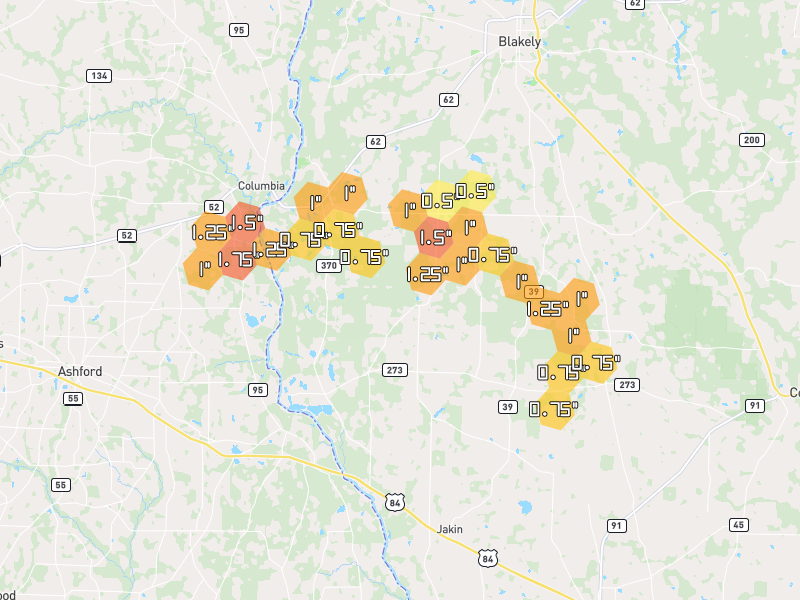 Hail map of Blakely, GA on Jul 7, 2026, hail up to 1.75"