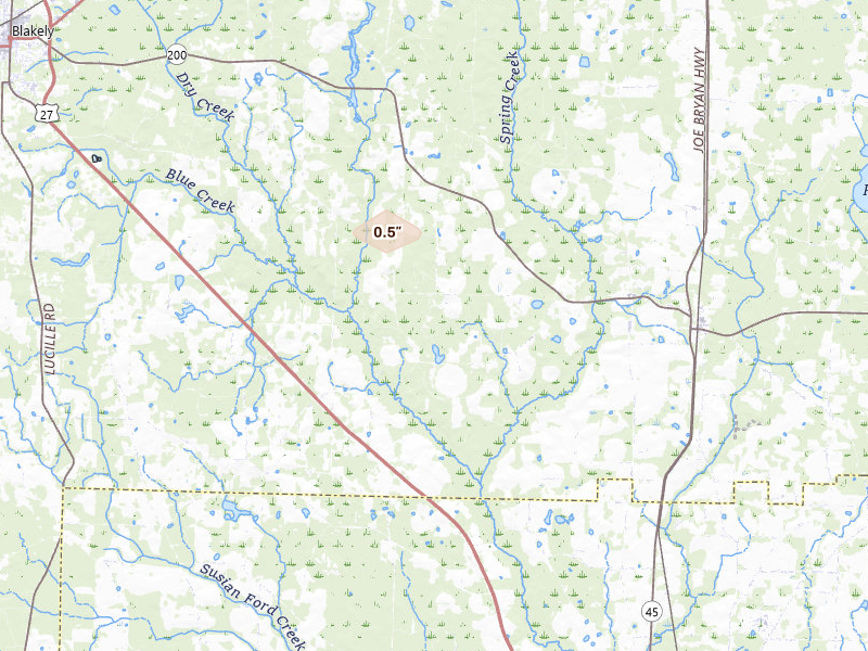 Radar-estimated hail-size map of the storm over Blakely, GA on Aug 12, 2026