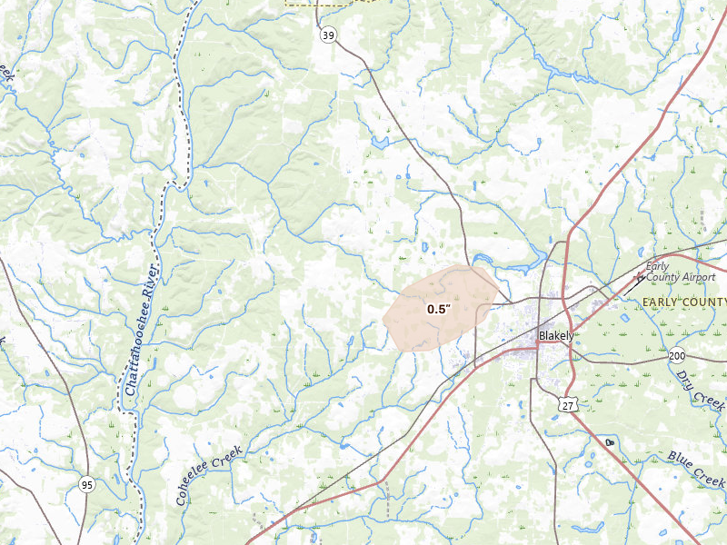 Radar-estimated hail-size map of the storm over Blakely, GA on Aug 21, 2026