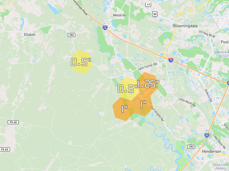 Hail map of Bloomingdale, GA on Jul 9, 2026, hail up to 1.25"