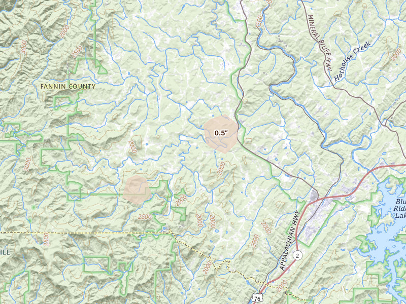 Radar-estimated hail-size map of the storm over Blue Ridge, GA