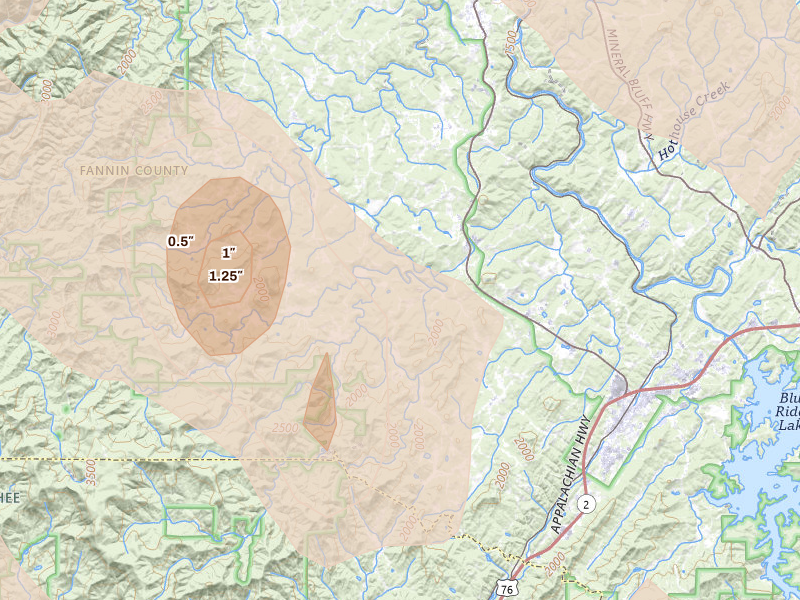 Radar-estimated hail-size map of the storm over Blue Ridge, GA on Jul 28, 2026