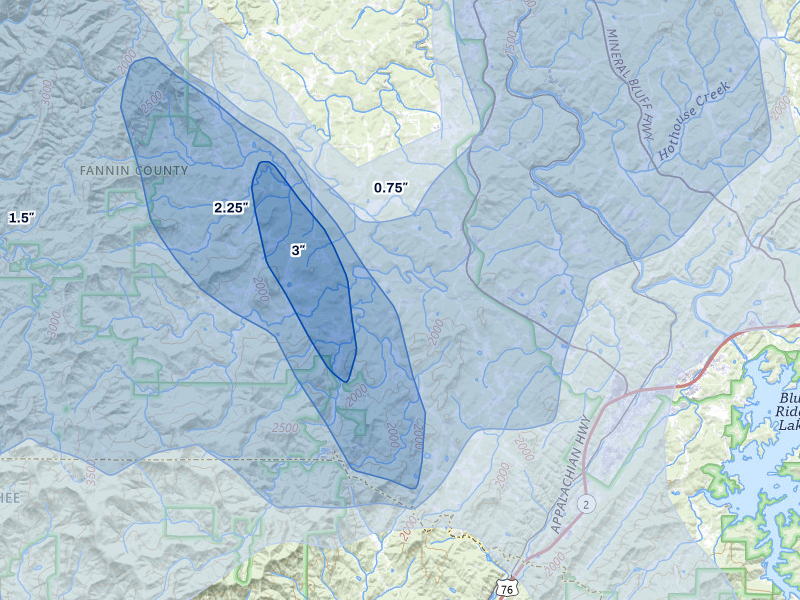 NEXRAD radar-signature map of the hail storm over Blue Ridge, GA on Jul 28, 2026