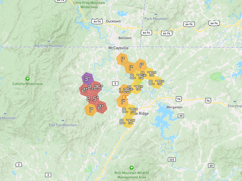 Hail map of Blue Ridge, GA on Jul 29, 2026, hail up to 3"