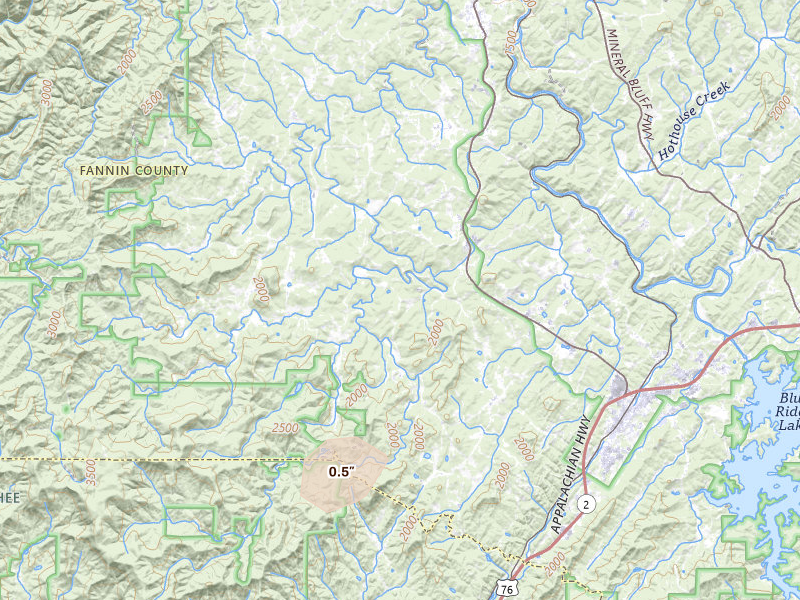 Radar-estimated hail-size map of the storm over Blue Ridge, GA on Aug 1, 2026