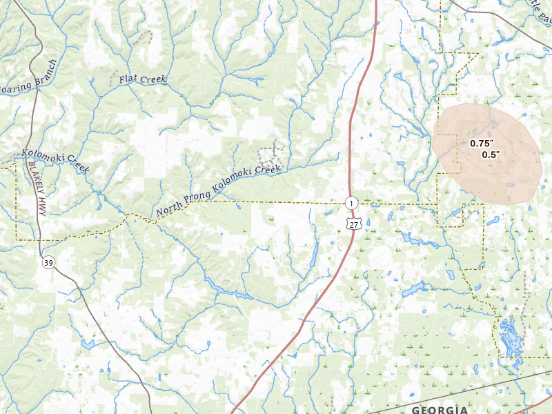 Radar-estimated hail-size map of the storm over Bluffton, GA on Jul 29, 2026