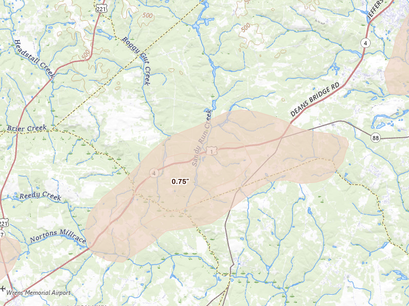 Radar-estimated hail-size map of the storm over Blythe, GA on May 23, 2026