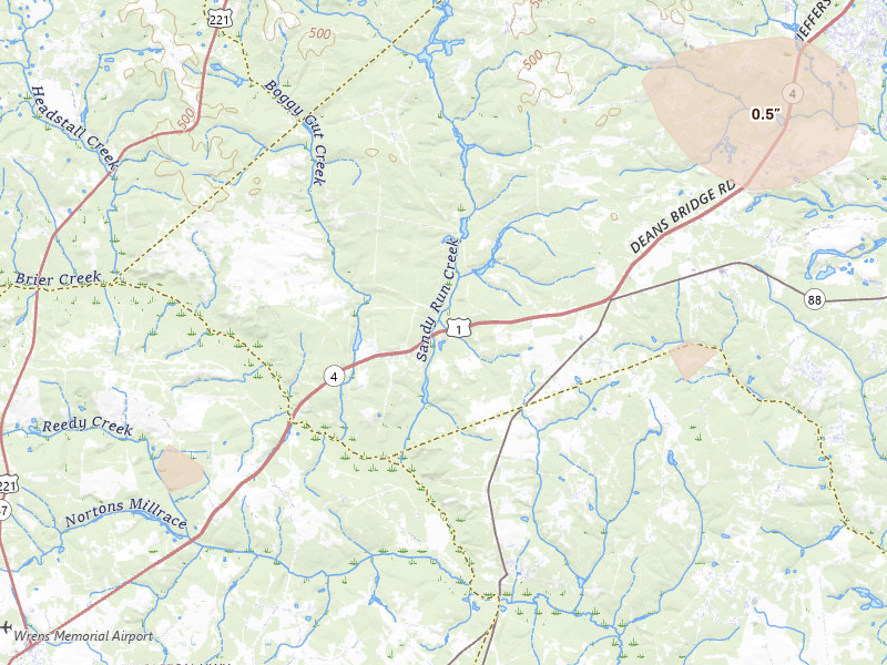 Radar-estimated hail-size map of the storm over Blythe, GA on Aug 21, 2026